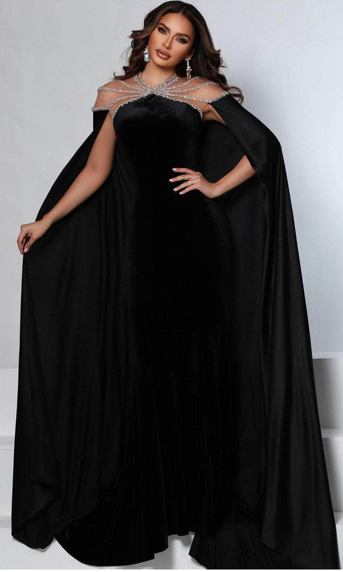 Johnathan Kayne 2535 - Long Cape Jewel Neck Evening Gown Evening Dresses 00 / Black