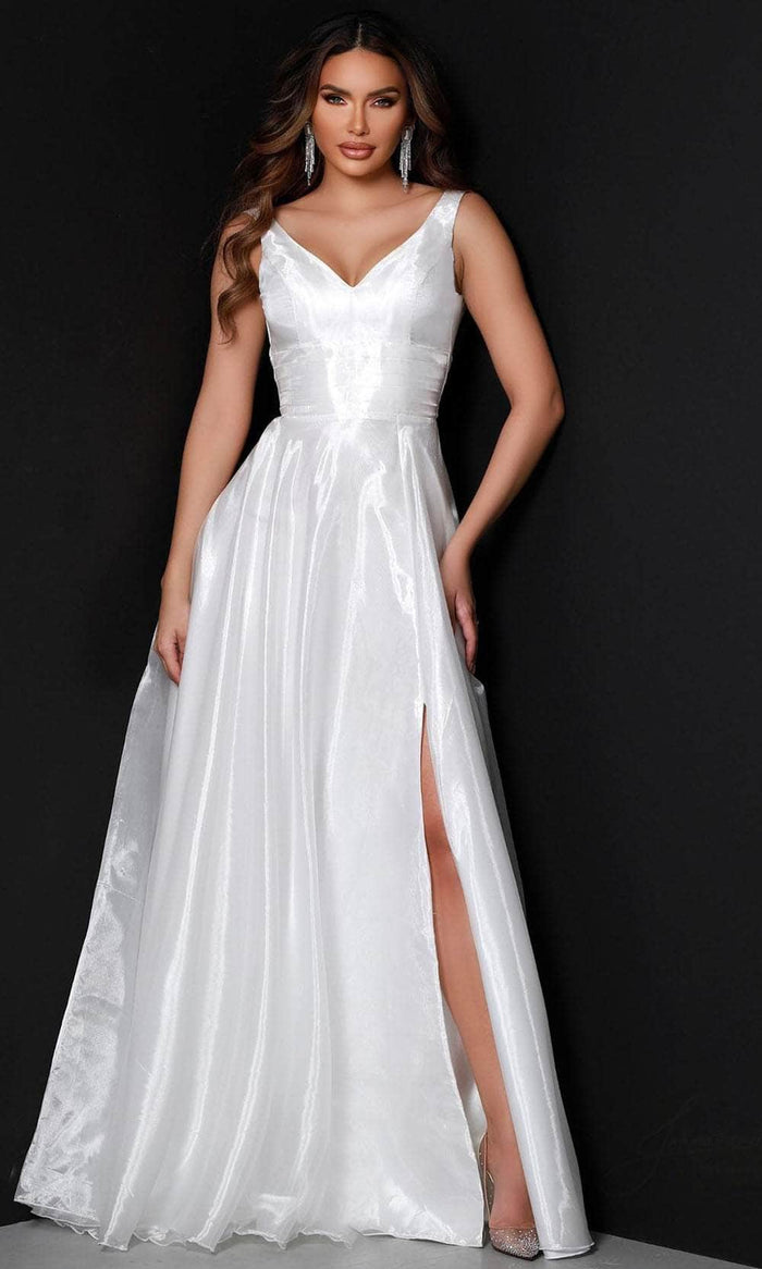 Johnathan Kayne 2538 - Pleated Sleeveless V-neck Long Dress Evening Dress 00 / White