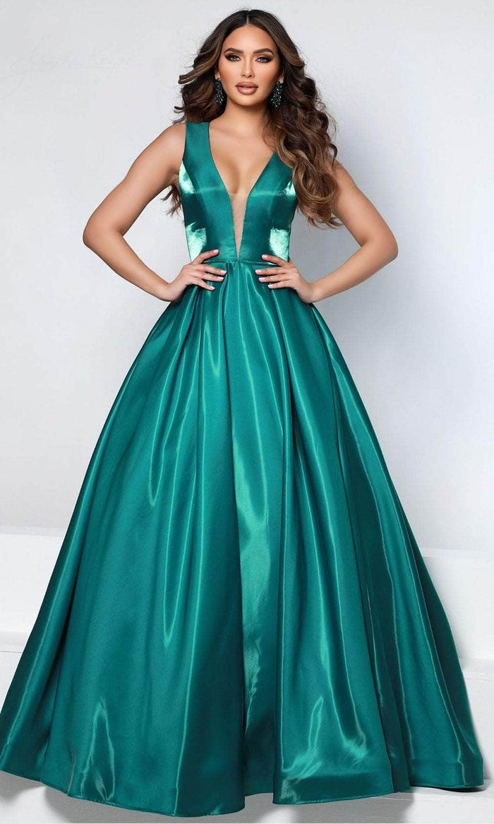 Johnathan Kayne 2550 - Sleeveless V-Neck Satin Ballgown Ballgown Dresses 00 / Emerald
