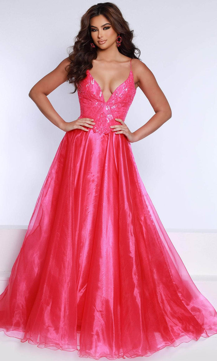 Johnathan Kayne 2601 - Sequined V-Neck Ballgown Ball Gowns 00 / Hot Pink