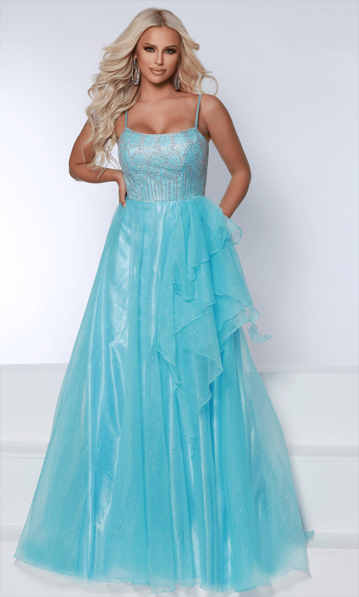 Johnathan Kayne 2691 - Scoop Ruffled A-Line Evening Gown Evening Dresses 00 / Blue
