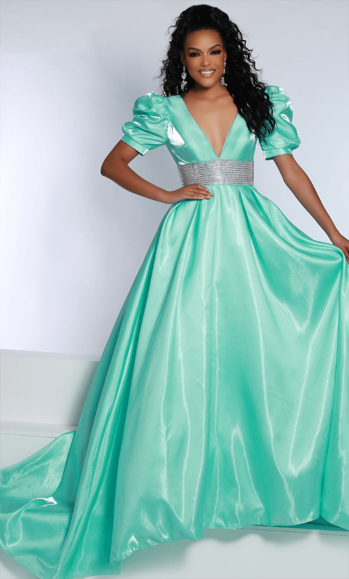 Johnathan Kayne 2692 - Pull Sleeve Ballgown Special Occasion Dress 00 / Aqua