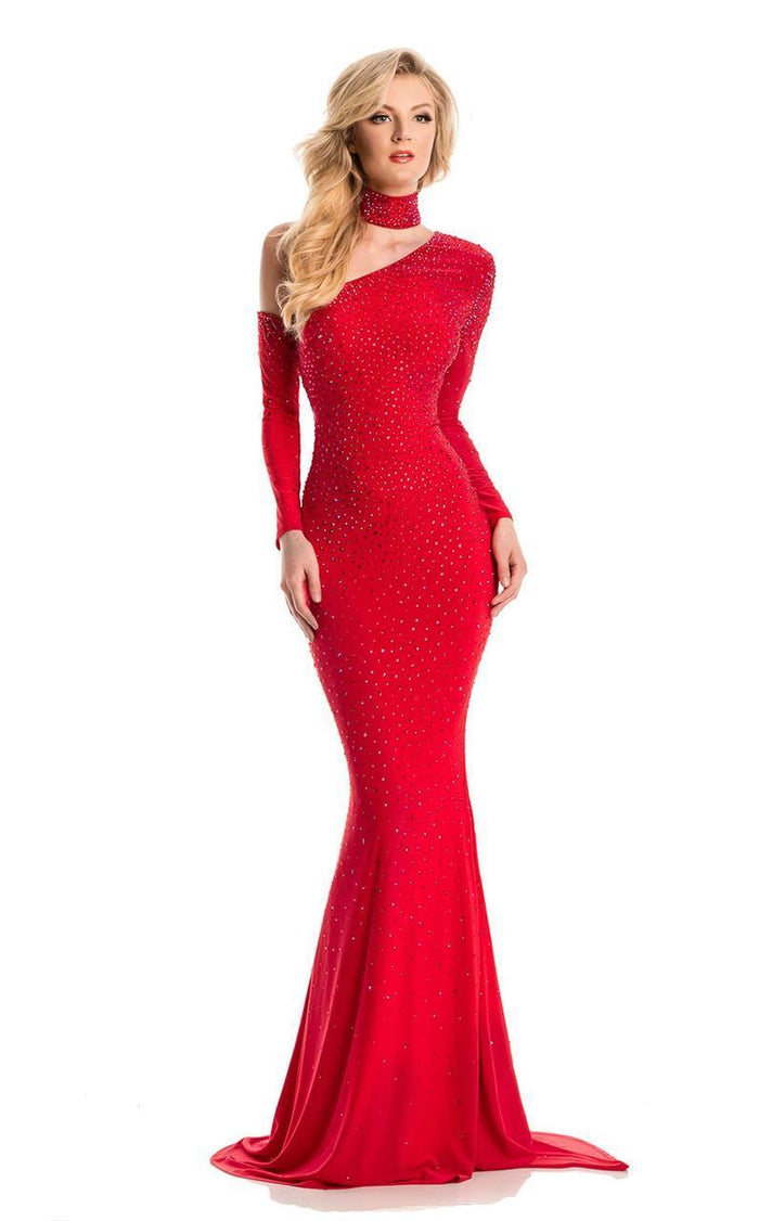 Johnathan Kayne 7215 Fitted Embellished Asymmetric Trumpet Dress CCSALE 14 / Red