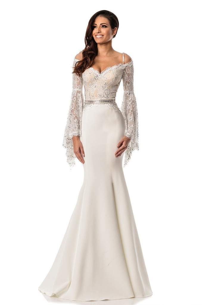 Johnathan Kayne - 7244 Bell Sleeve Off Shoulder Sparkly Mermaid Gown - 1 pc Ivory/Nude In Size 10 Available CCSALE 10 / Ivory / Nude