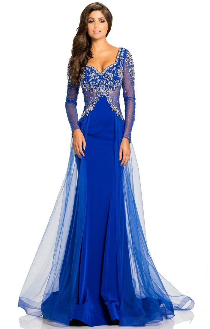 Johnathan Kayne 8003 Beaded Sheer Long Sleeve Sweetheart Evening Gown -1Pc Royal in size 4 Available CCSALE 4 / Royal