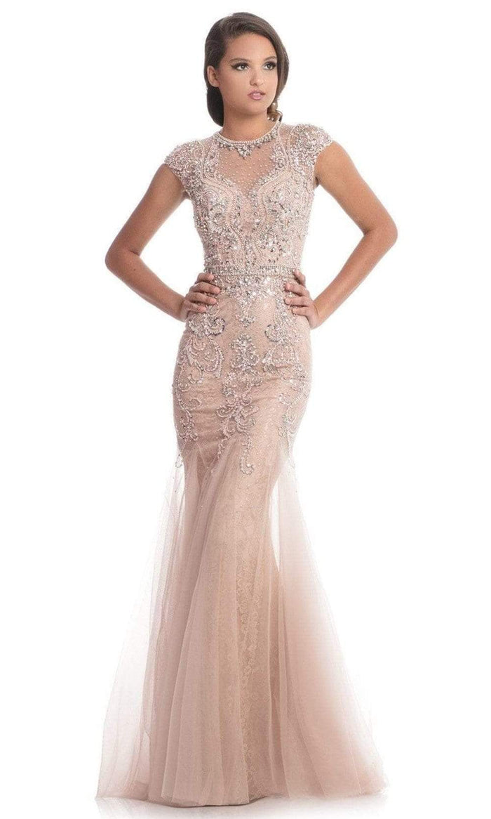 Johnathan Kayne - 9039 Jeweled Cap Sleeve Illusion Gown Special Occasion Dress 0 / Blush