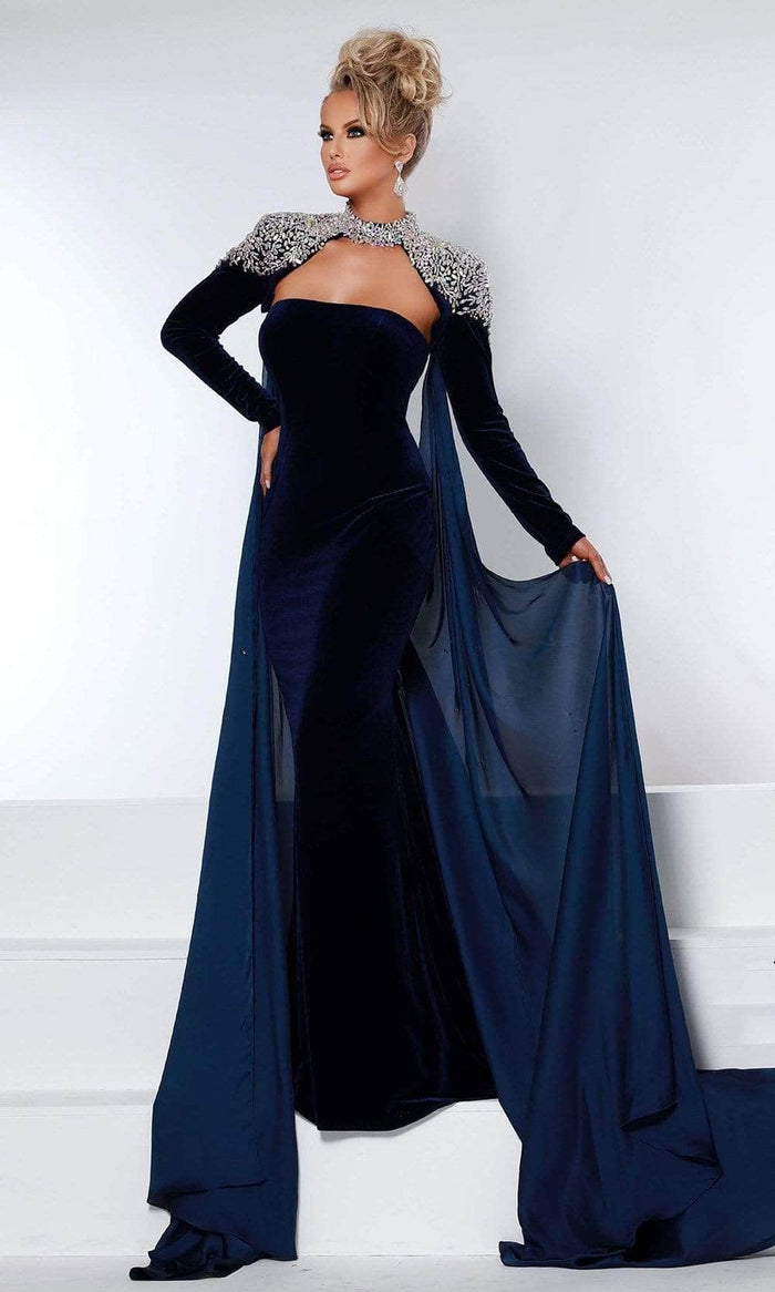 Johnathan Kayne - Beaded Cape Draped Evening Dress 2453 - 1 pc Navy In Size 8 Available CCSALE 8 / Navy