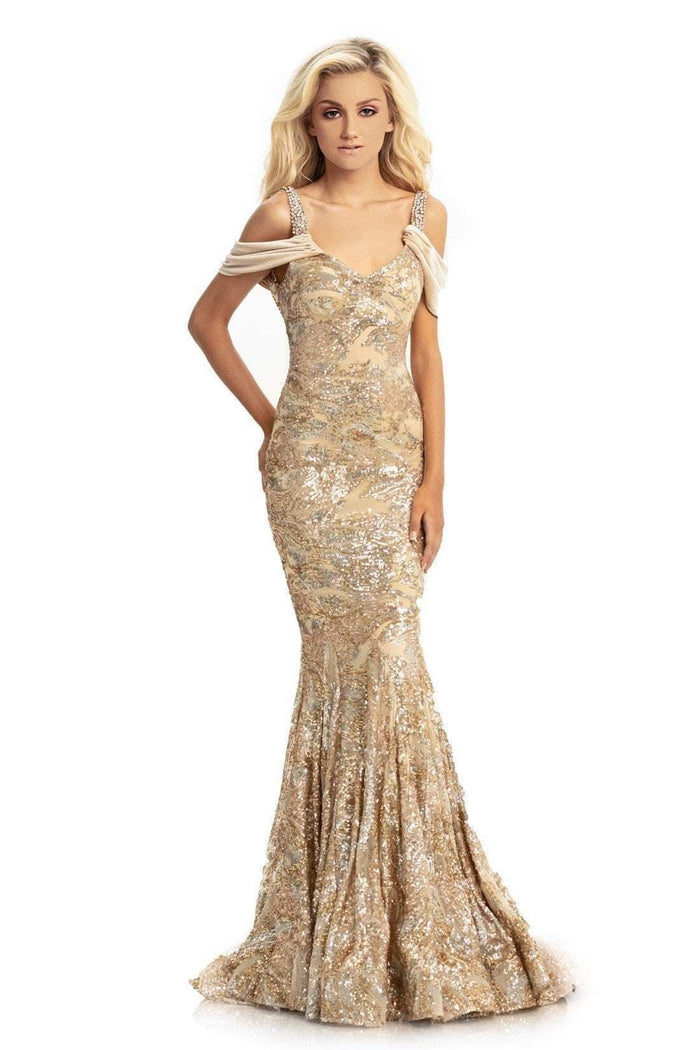 Johnathan Kayne - Draped Shoulder Sequined Velvet Mermaid Gown 9013 - 1 pc Champagne/Gold In Size 10 Available CCSALE 10 / Champagne/Gold