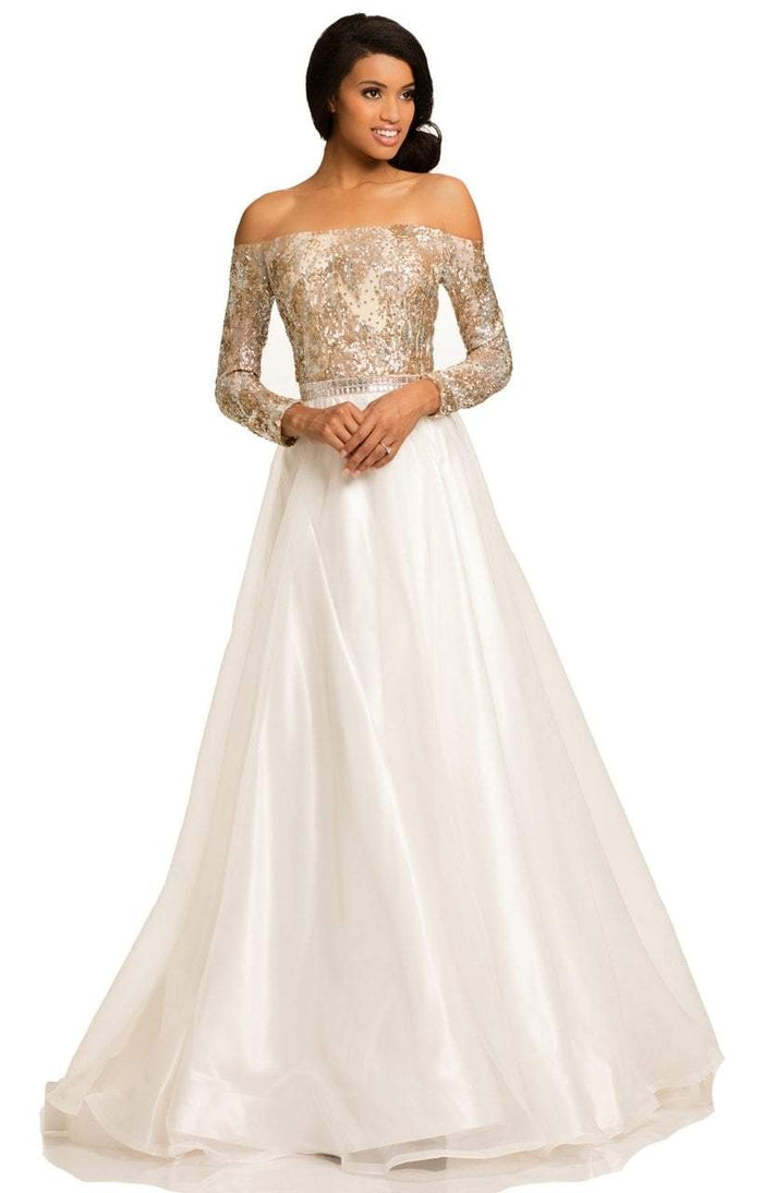 Johnathan Kayne - Sequined Off Shoulder Gossamer Ballgown - 1 pc Ivory/Champagne In Size 10 Available CCSALE 10 / Ivory/Champagne