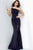 Jovani - 00567 Pleated Asymmetrical Bodice High Slit Gown Prom Dresses 00 / Navy