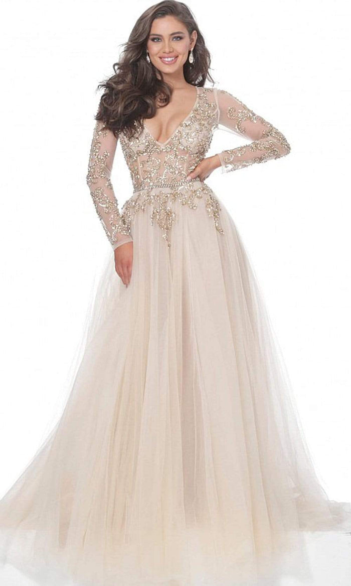 Jovani - 00638 Intricate Beaded Illusion Bodice A-Line Gown Evening Dresses 00 / Champagne/Gold