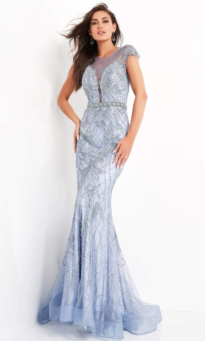 Jovani - 00883 Cap Sleeve Beaded Illusion Jewel Long Gown Evening Dresses 00 / Light-Blue