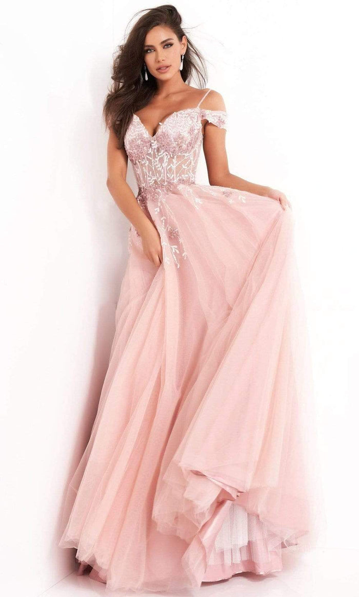 Jovani - 02022 Floral Ornate Corset Tulle Dress Evening Dresses 00 / Blush