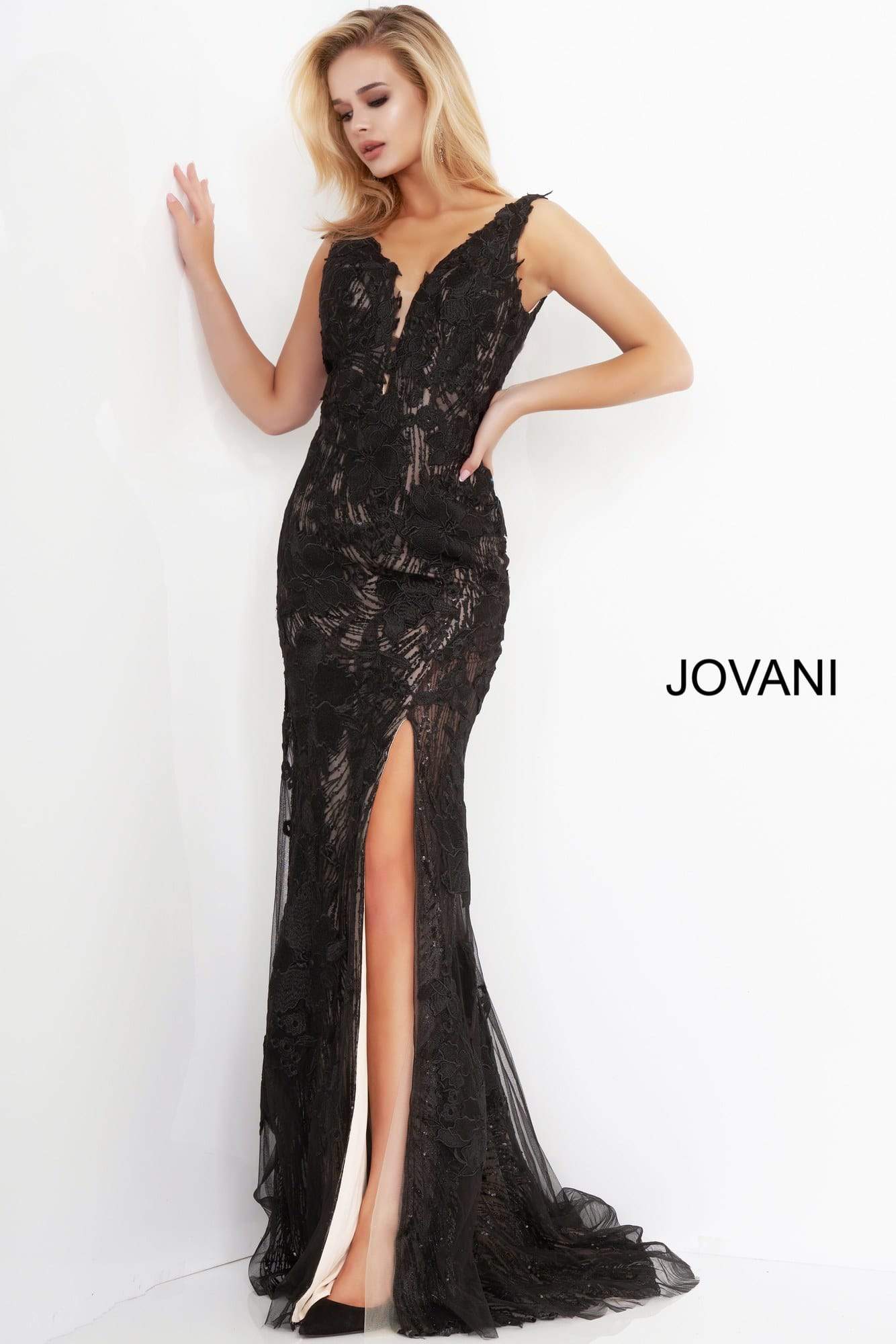 Jovani - 02444 Floral Embroidered Lace Deep V-neck Trumpet Dress ...