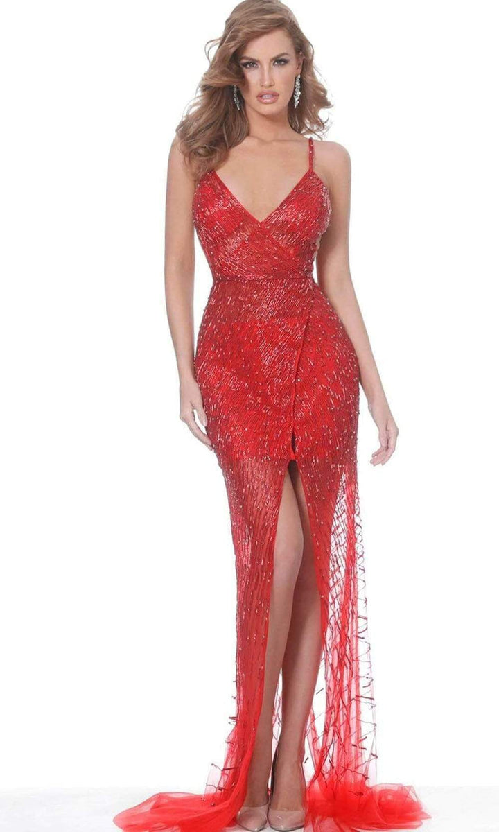 Jovani - 02498 Beaded Plunging V Neck Sheath Dress – Couture Candy