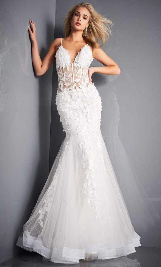 Jovani - 02841 Floral Appliques Corset Bodice Tulle Trumpet Gown