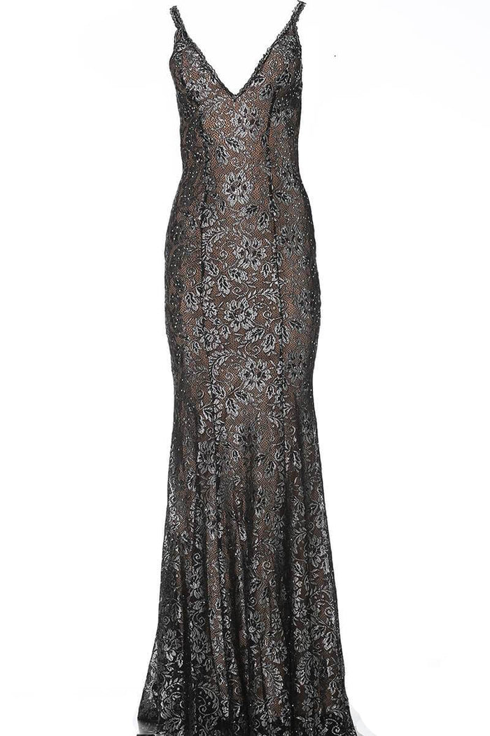 Jovani - 02906 Backless Metallic Lace Mermaid Gown Prom Dresses 00 / Black/Silver