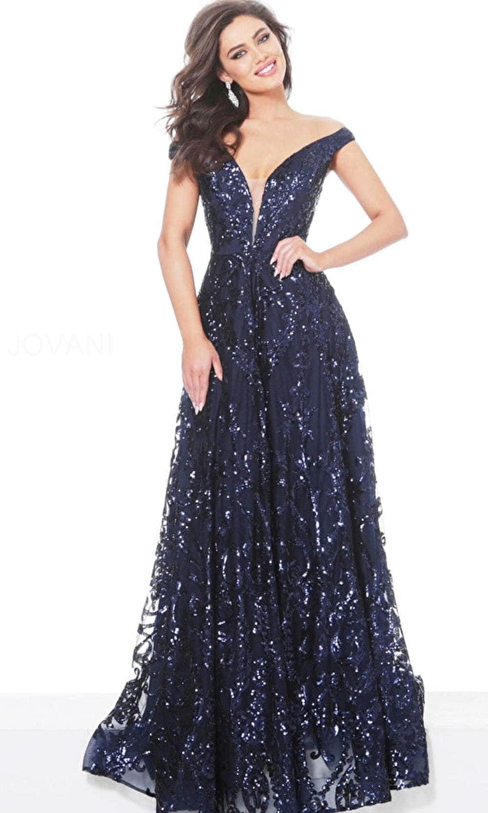 Jovani 02932 - Off Shoulder Sequin Evening Dress Evening Dresses 00 / Navy