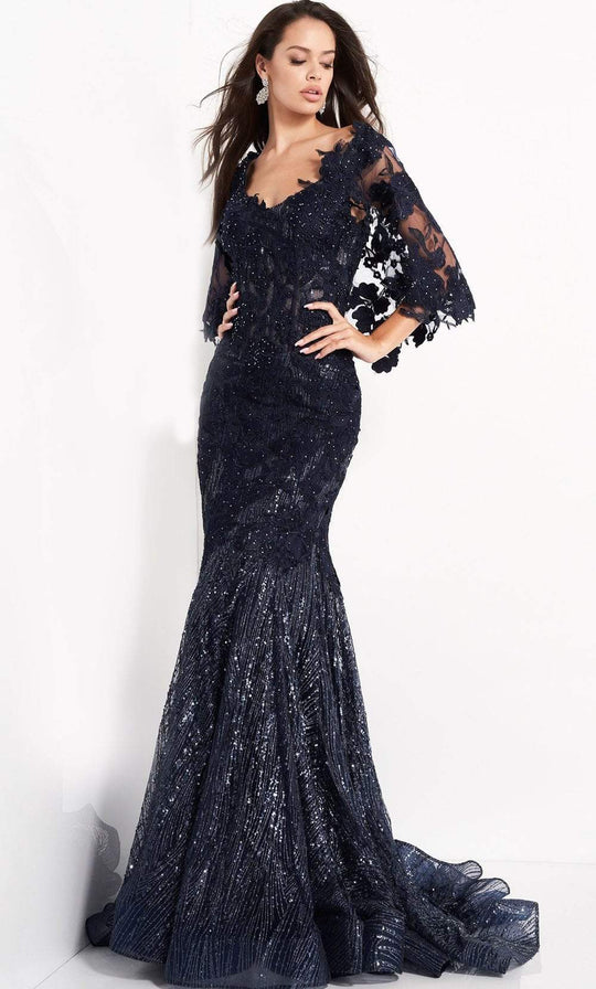 Jovani 03158 - Embroidered V Neck Trumpet Dress With Train