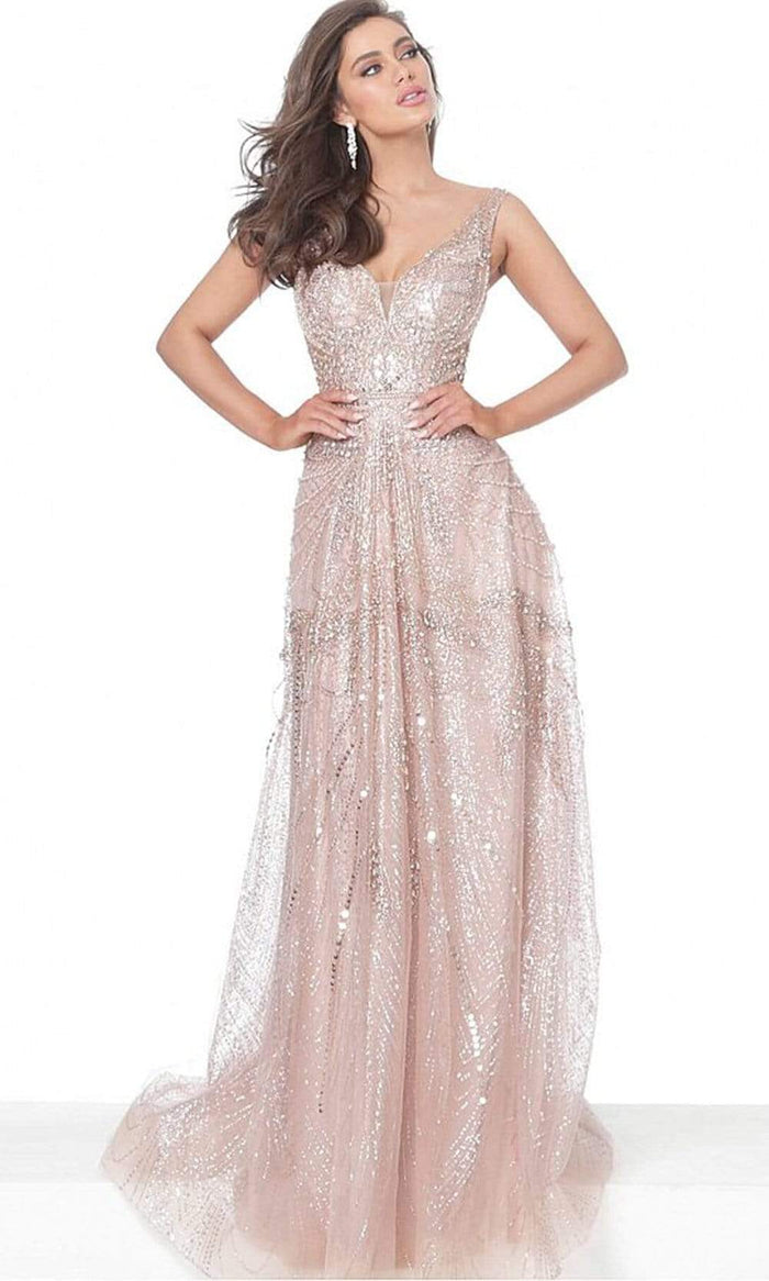 Jovani - 03203 Crystalline Embellished A-Line Gown Evening Dresses 00 / Rose/Gold