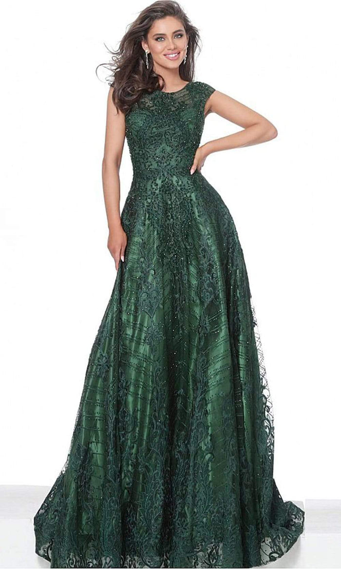 Jovani - 03238 Embellished Cap Sleeve A-Line Gown Mother of the Bride Dresses 00 / Green
