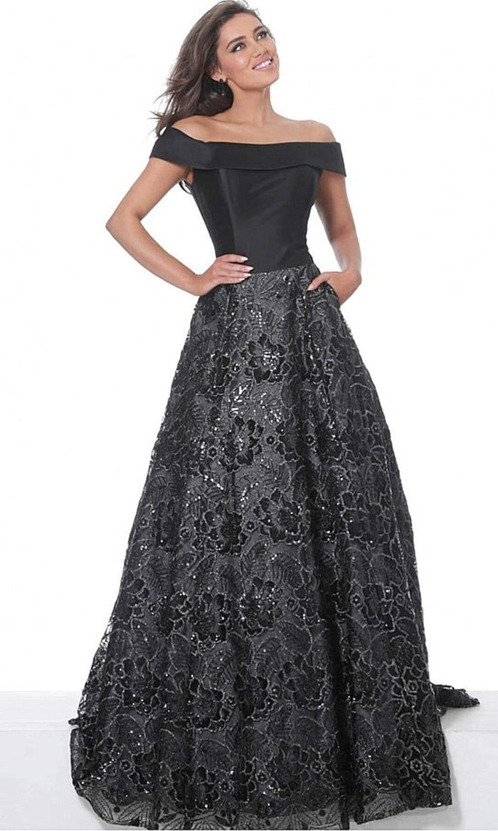 Jovani - 03331 Off Shoulder Satin Bodice Embroidered A-Line Gown Evening Dresses 00 / Black