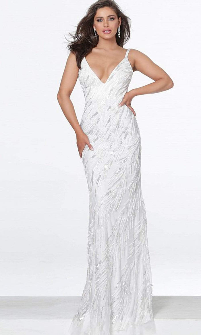 Jovani - 03398 Beaded Mesh Backless Sheath Gown Evening Dresses 00 / White