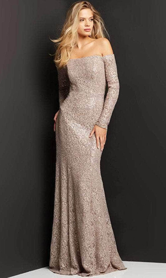 taupe off shoulder dress Jovani 03427