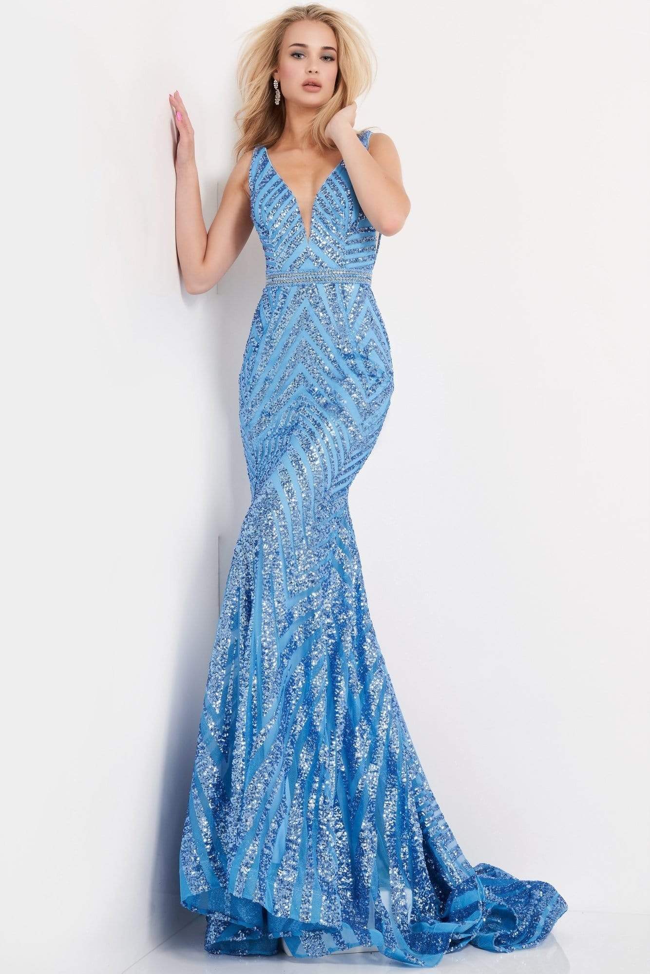 Jovani - 03570 Plunging Neck Shimmer Stripe Evening Gown – Couture Candy