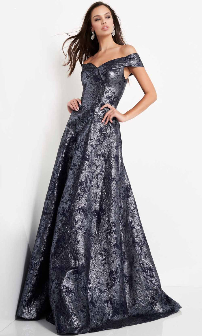 Jovani - 03674 Metallic Off Shoulder A-Line Gown Prom Dresses 00 / Navy