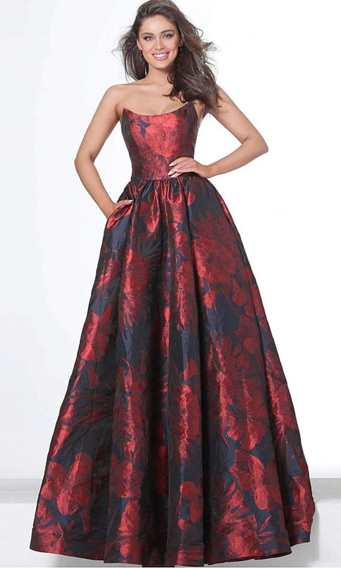 Jovani - 03931 Strapless Scoop Bodice Floral Satin Gown Evening Dresses 00 / Navy/Red