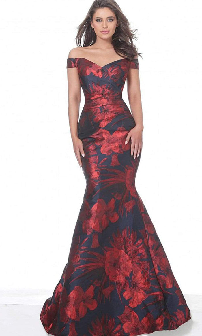 Jovani - 03932 Off Shoulder Floral Satin Mermaid Gown Evening Dresses 00 / Navy/Red