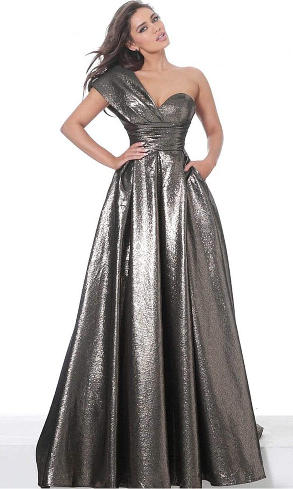 grey metallic one shoulder dress Long Formal Metallic Ball Gown Prom Dress Jovani JVN04170