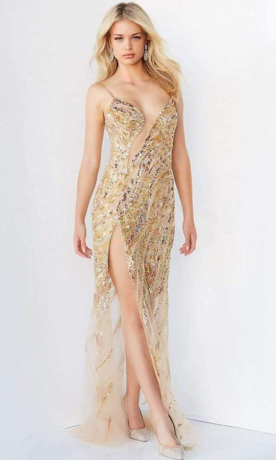 Jovani - 04195 Bejeweled Slit Cut Out Long Gown