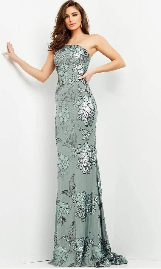 Jovani - 04331 Floral Sequin Embellished One Shoulder Fitted Gown