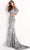 Jovani - 04333 Embellished Off Shoulder Sheath Dress With Train Evening Dresses 00 / Silver