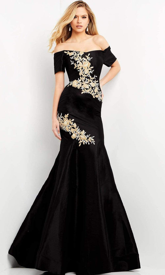 Jovani - 04814 Short Sleeve Off Shoulder Embroidered Trumpet Dress Evening Dresses 00 / Black/Gold