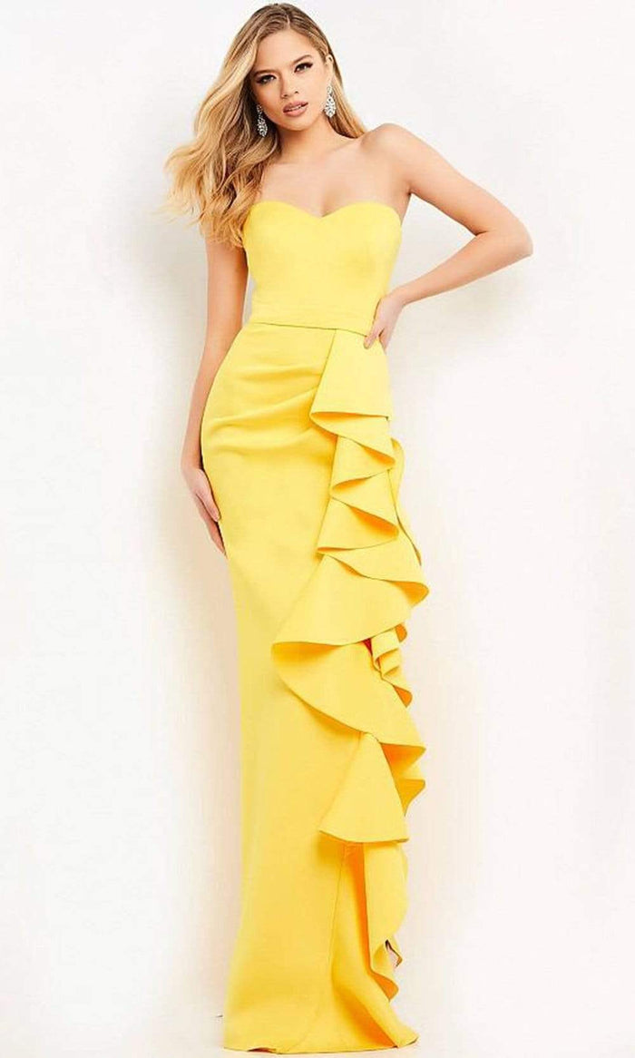Jovani - 04844 Sweetheart Neck Ruffled Long Gown Special Occasion Dress 00 / Yellow