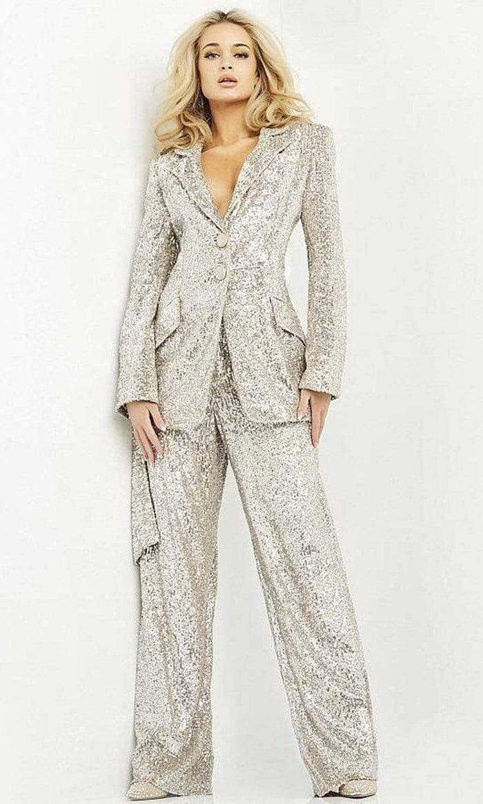 Jovani - 04904 Shiny Loose Two Piece Pantsuit Special Occasion Dress 00 / Nude/Silver