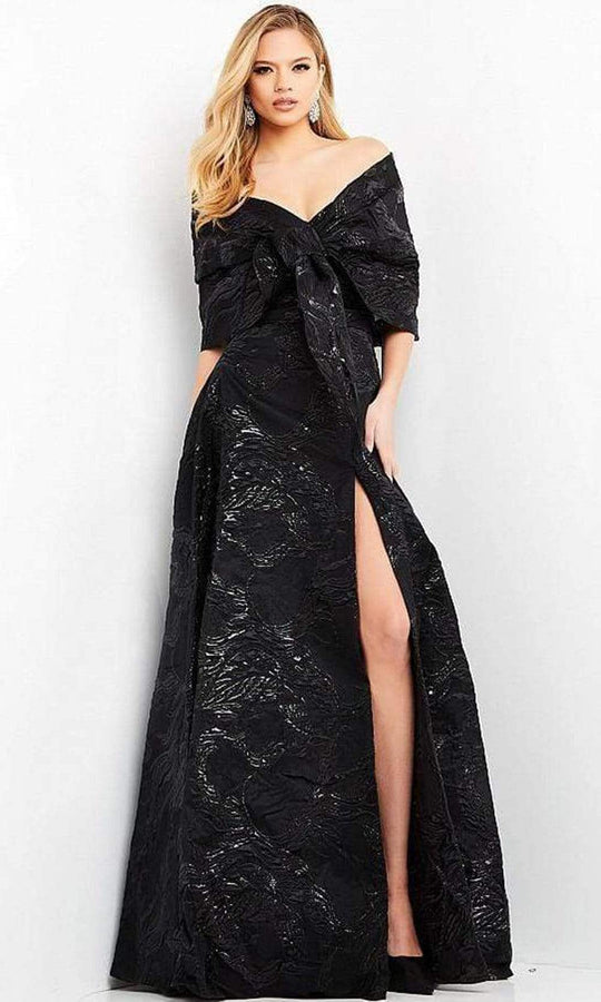 Jovani - 05019 Off Shoulder Jacquard High Slit Gown
