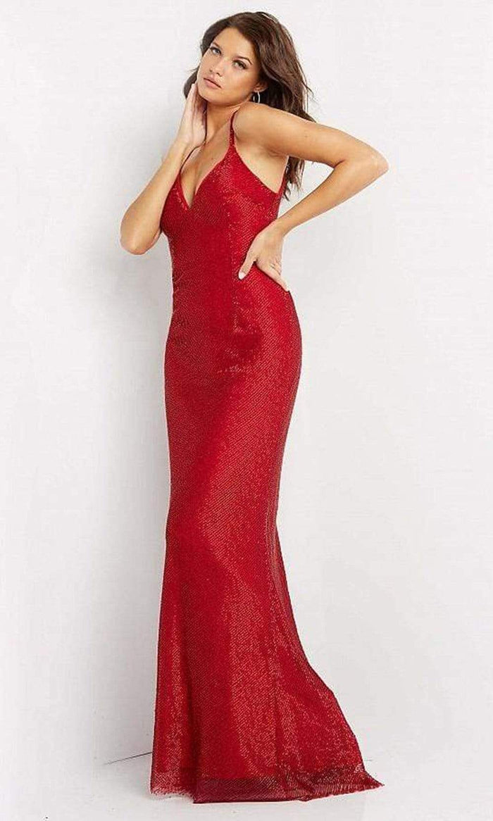 Jovani - 05057 V Neck Shiny Sheath Gown Prom Dresses 00 / Red