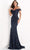 Jovani - 05059 Embellished Lace Off Shoulder Sheath Dress Evening Dresses 00 / Navy