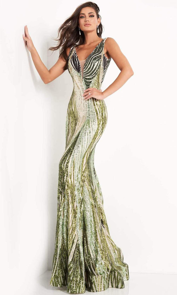 Jovani - 05103 Sequin Embellished Plunging V Neck Gown Prom Dresses 00 / Green