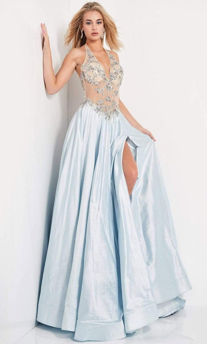 Jovani - 05587 Beaded Lace Applique Illusion Halter Gown Prom Dresses 00 / Light Blue/Nude