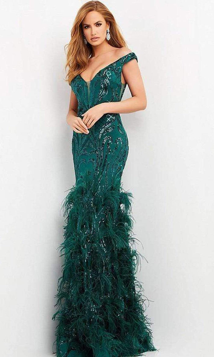 Jovani - 05660 Off Shoulder Sequined and Feathered Gown Evening Dresses 00 / Green