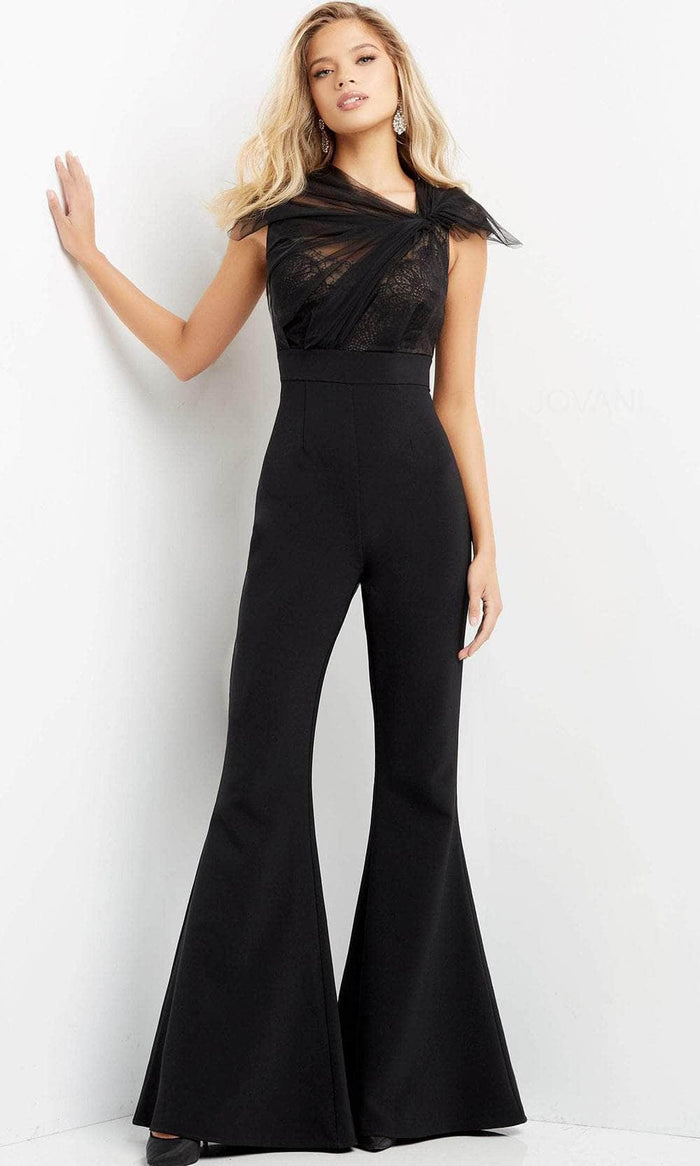 Jovani 05676 - Ruched Asymmetric Evening Jumpsuit Evening Dresses 00 / Black