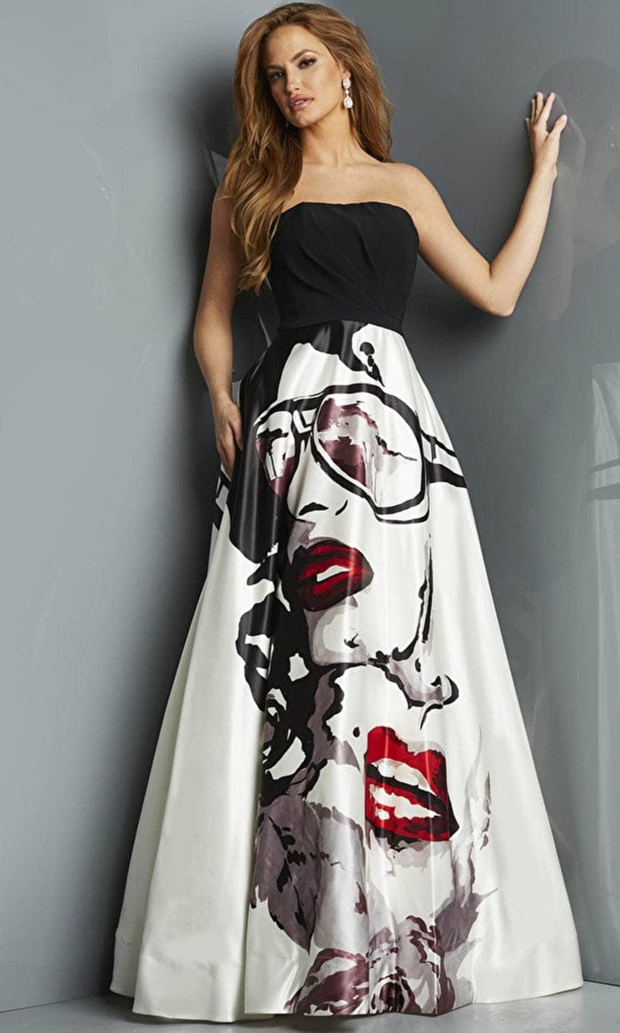 Jovani 06099 - Strapless Print Satin Evening Gown Special Occasion Dress 00 / Black/Print
