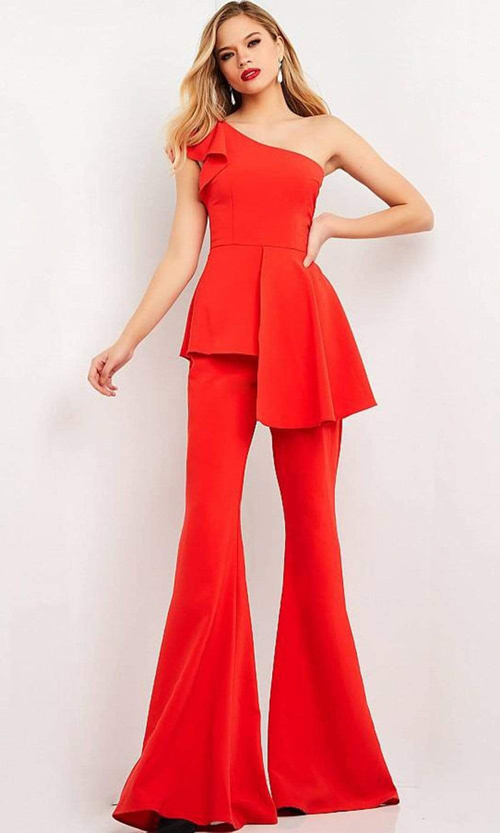 Jovani - 06163 Asymmetric Peplum Bell Bottom Suit Evening Dresses 00 / Red