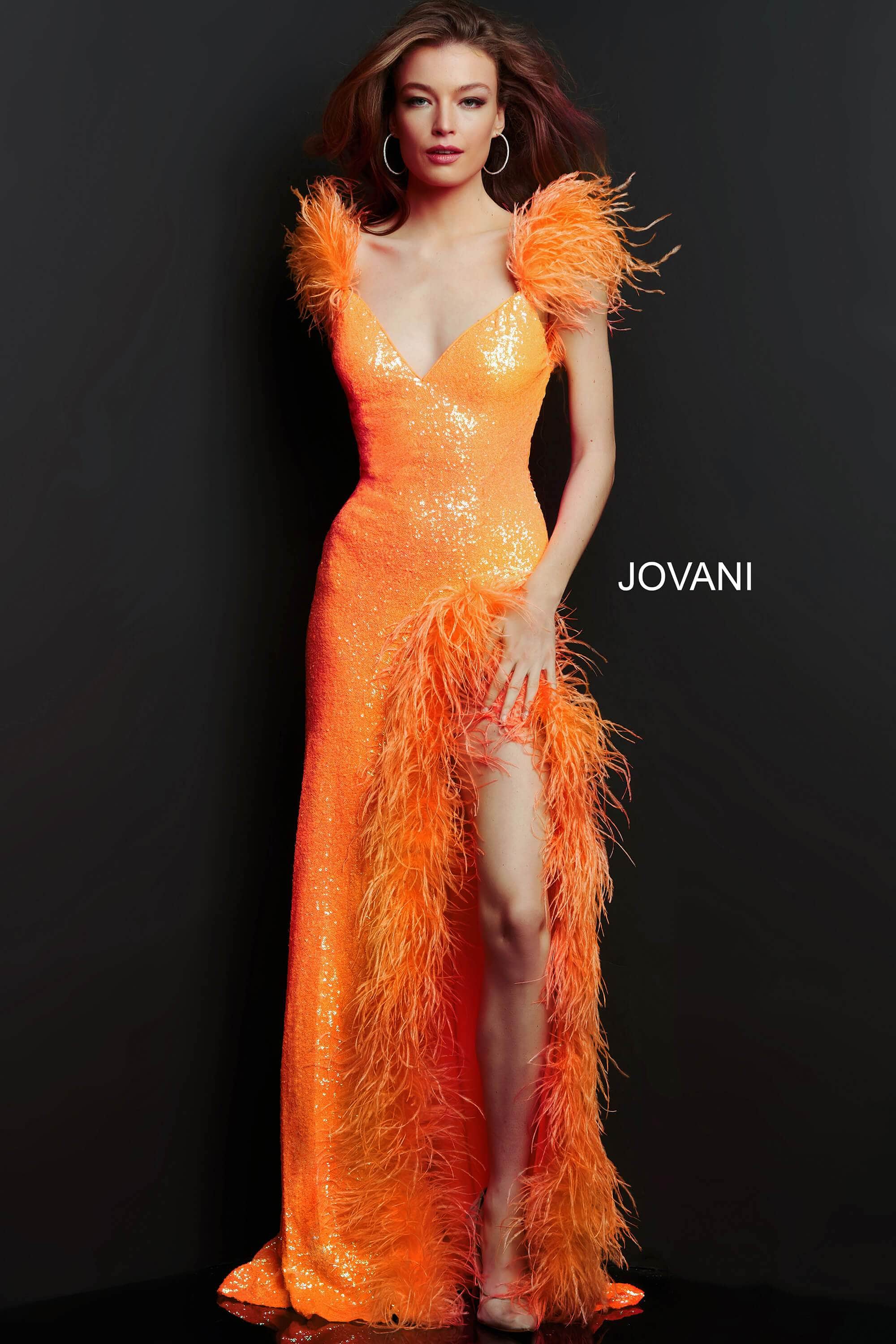 Jovani - 06164 Feather Trimmed High Slit Long Dress Couture Candy Jovani - 06164 Feather Trimmed High Slit Long Dress Couture Candy