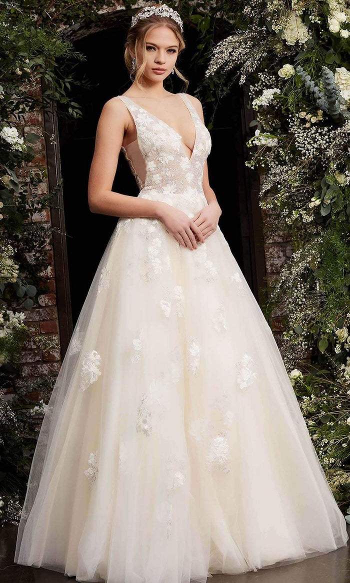 Jovani - 06286 Sheer Floral Applique Bodice Tulle Ballgown Bridal Dresses 00 / Cream